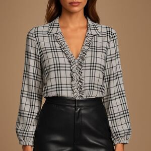 Majorelle Marina Plaid Ruffle Front Button Down Blouse Shirt Gray Black Medium